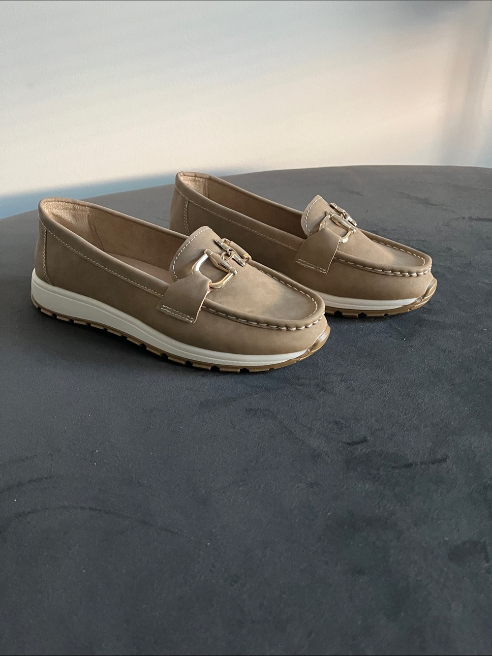 Classic Taupe Women's Slip-On Loafers with Metal Accent